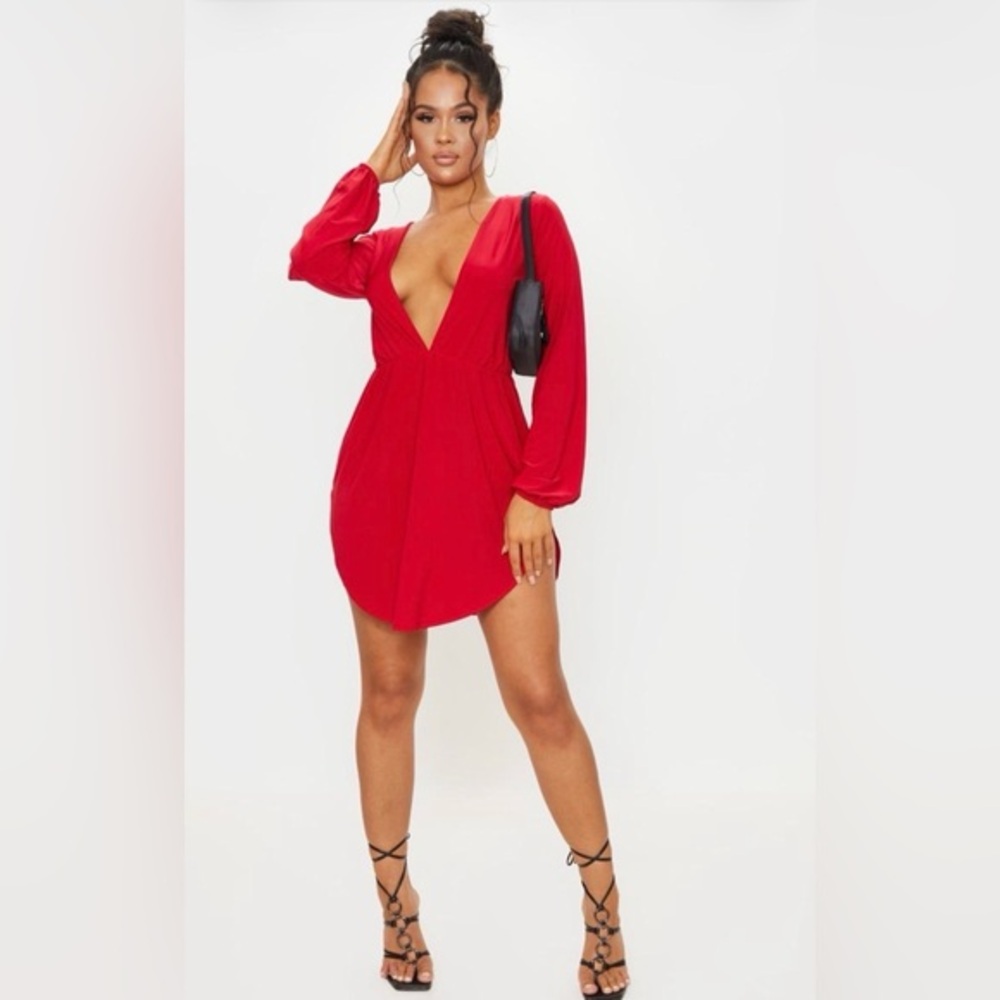 Red Slinky Plunge Extreme Split Shift Dress